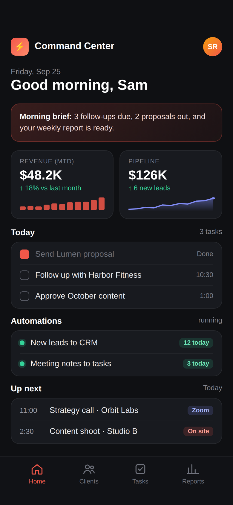 Example Command Center dashboard on a phone: morning brief, revenue and pipeline, today's tasks and running automations