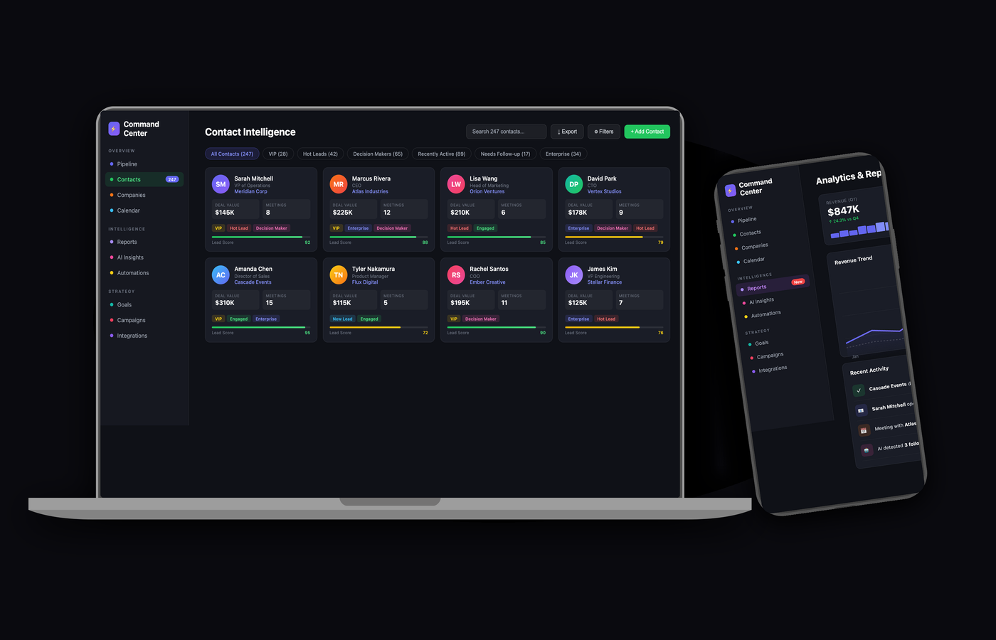CRM Contact Intelligence with lead scoring, deal values, and mobile companion app