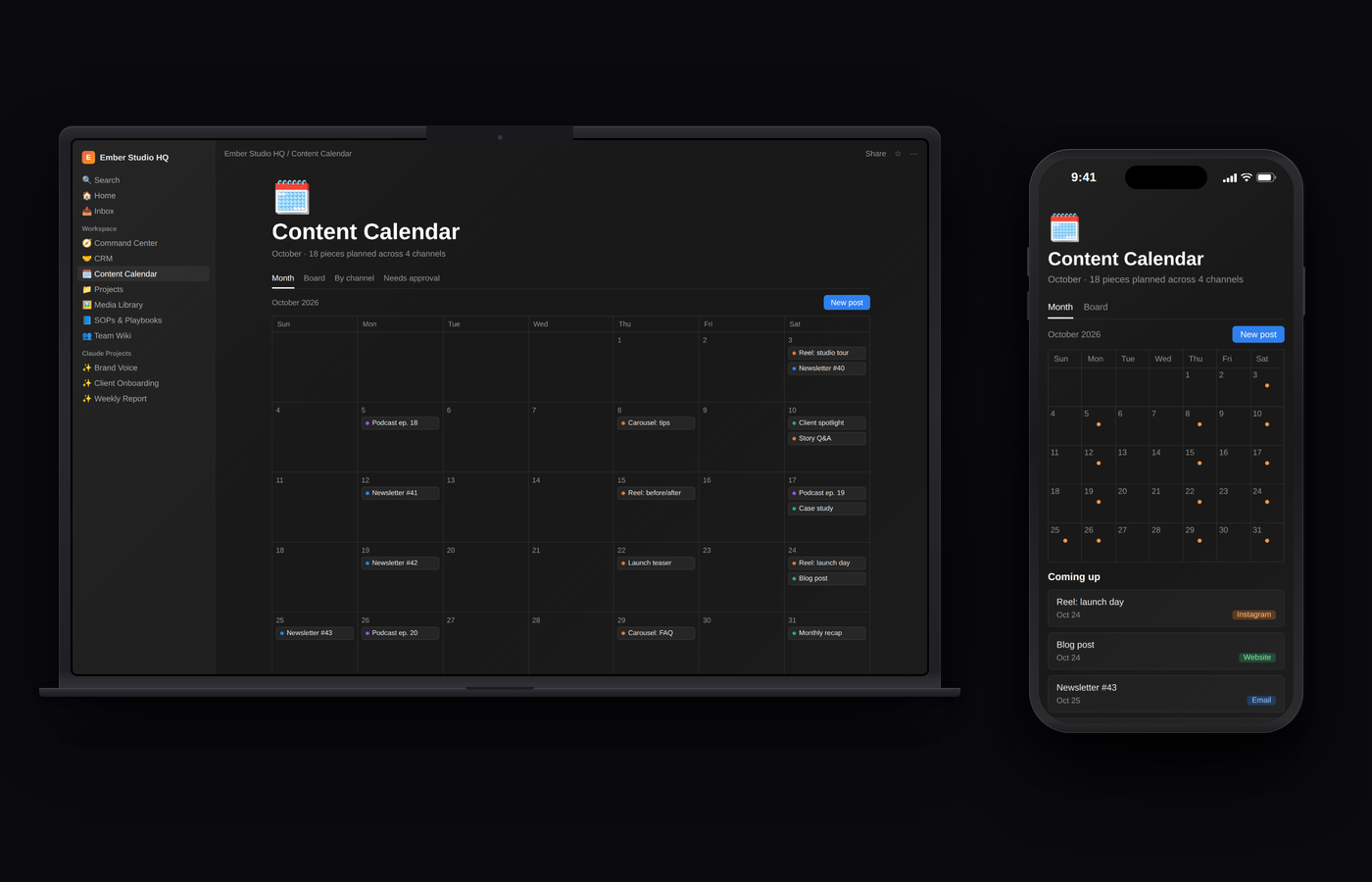 Notion Hub content calendar on a laptop and phone, with a month of planned posts across channels