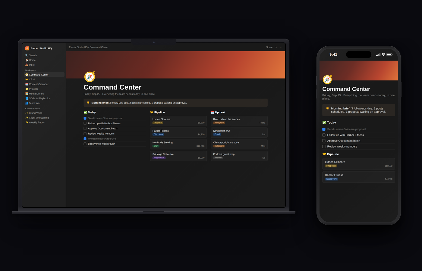 Notion Hub Command Center on a laptop and phone, with today's tasks, pipeline and upcoming content